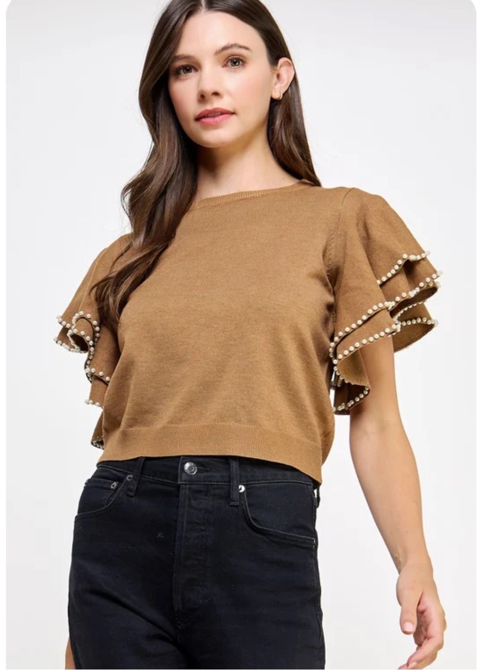 Pearl-Trim Ruffle Sleeve Sweater Top in Camel-Size M - Picture 2 of 8